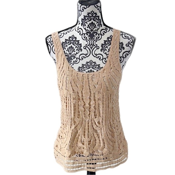 EXPRESS Vintage Y2K Elegant Beige with Metallic gold threaded crochet Top - Picture 4 of 9